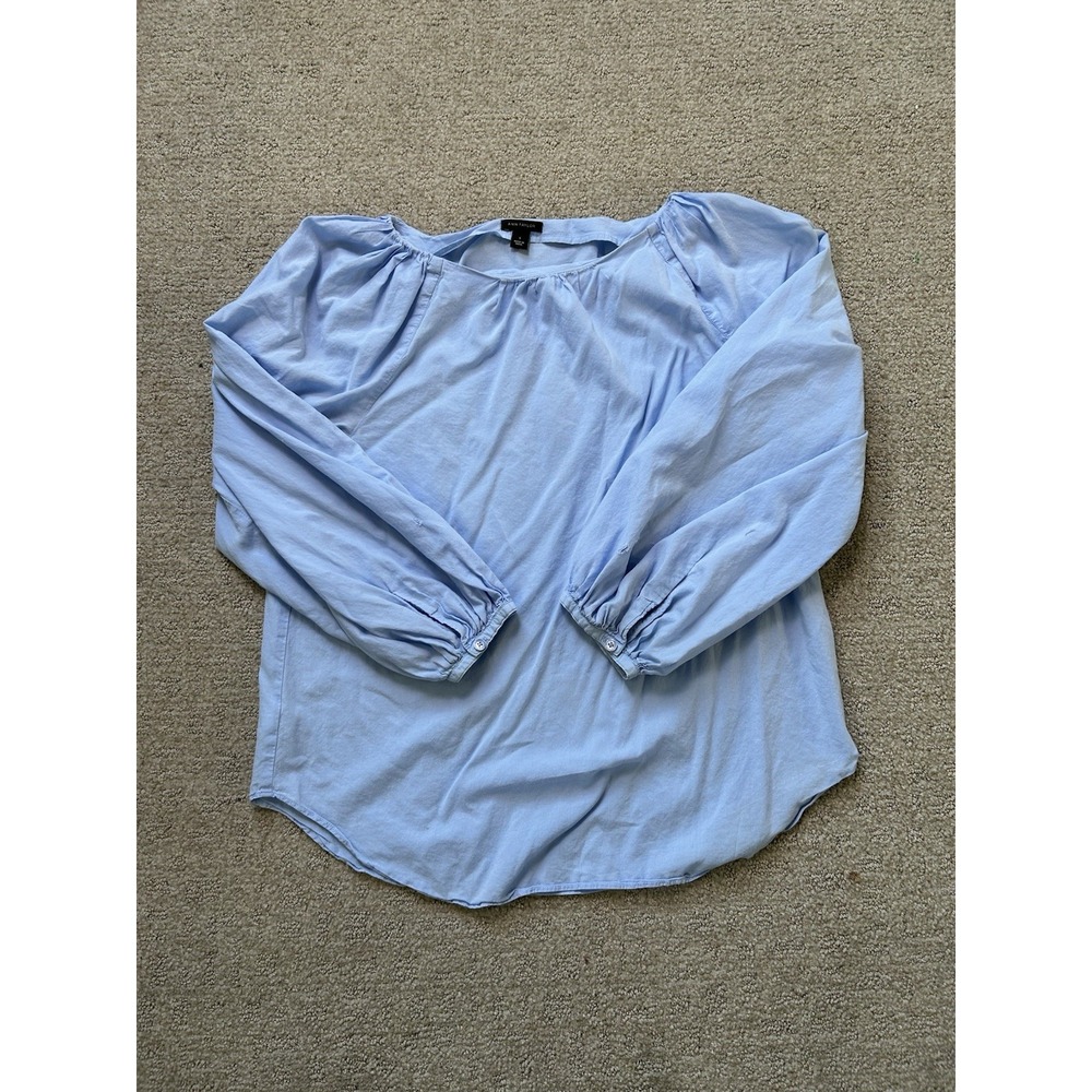 Ann Taylor Blue S Long Semi-Sheer-Bubble Sleeve Textured Peasant Boho Top